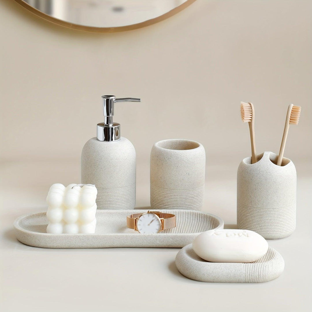 5-Delige Moderne Badkamer Accessoireset | Luxe Organizer met Dispenser, Bekers & Zeepbakje