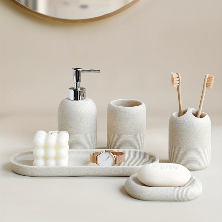 5-Delige Moderne Badkamer Accessoireset | Luxe Organizer met Dispenser, Bekers & Zeepbakje