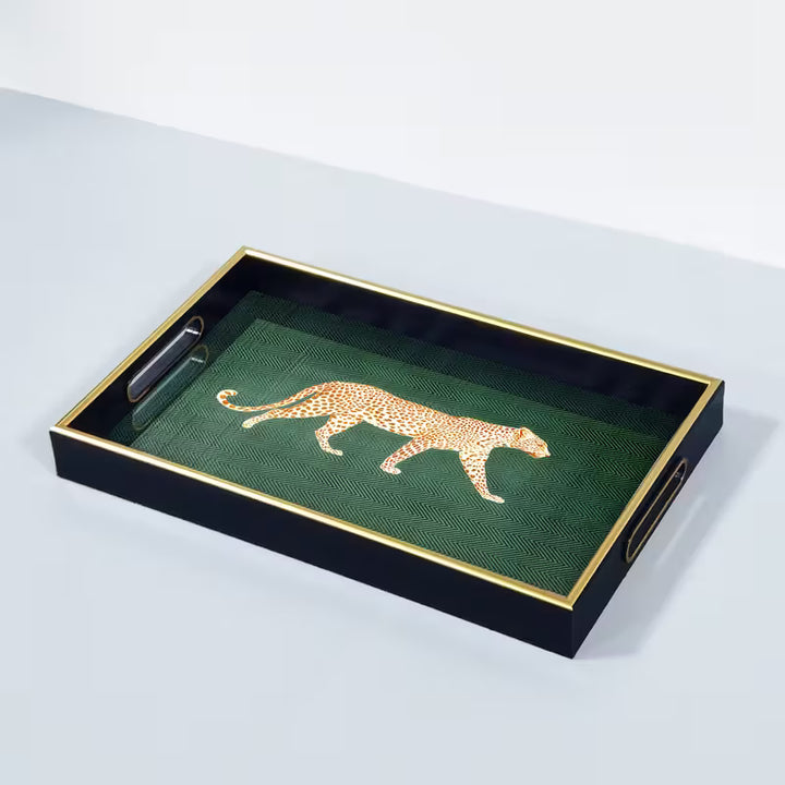LeopardLuxe™ Glazen Dienblad | Artistieke Luipaardprint voor Parfum & Sieraden