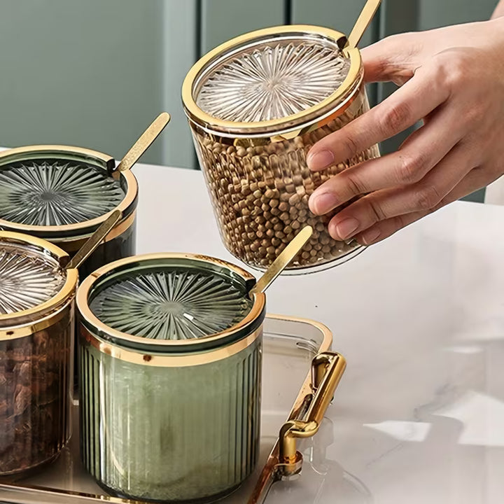 NordicServe™ Snack & Thee Set | 3 Glazen Potten met Deksel op Elegant Noordic Dienblad (300 ml)