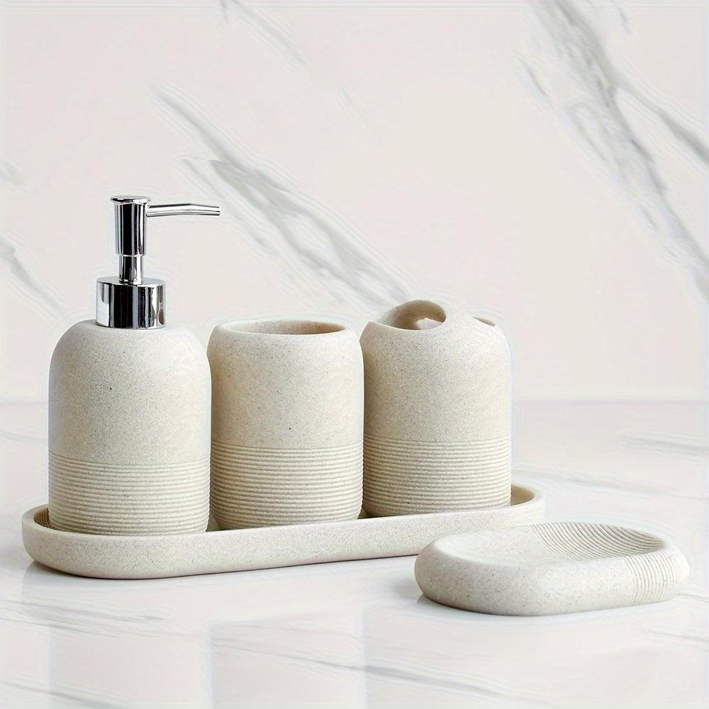 5-Delige Moderne Badkamer Accessoireset | Luxe Organizer met Dispenser, Bekers & Zeepbakje