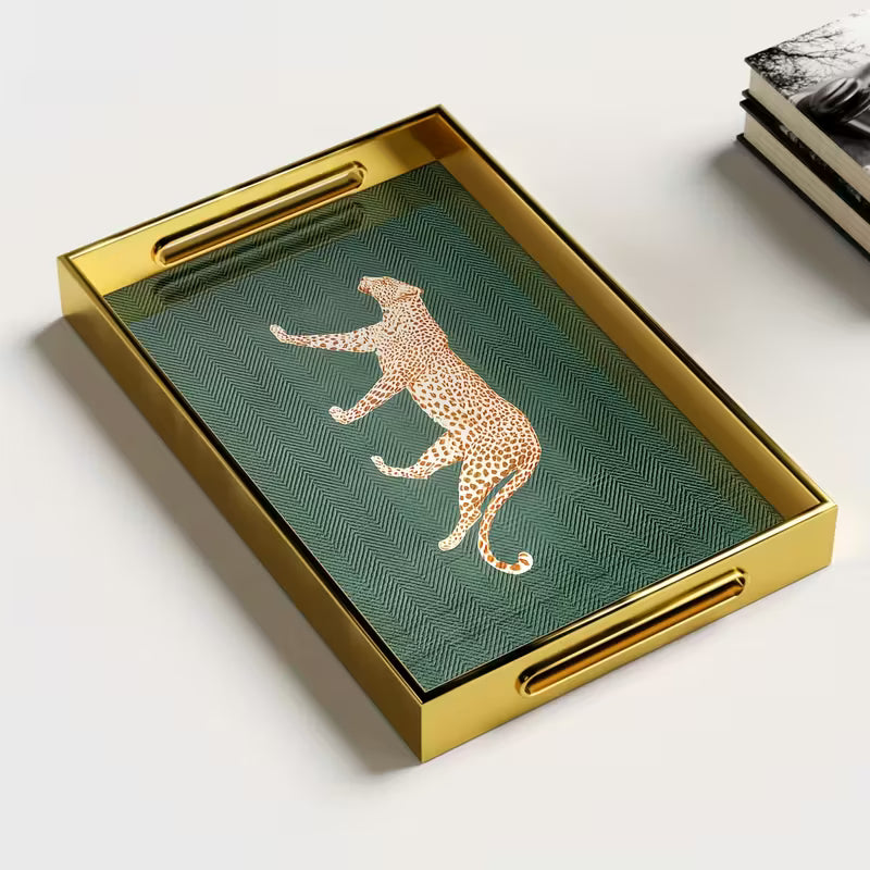LeopardLuxe™ Glazen Dienblad | Artistieke Luipaardprint voor Parfum & Sieraden