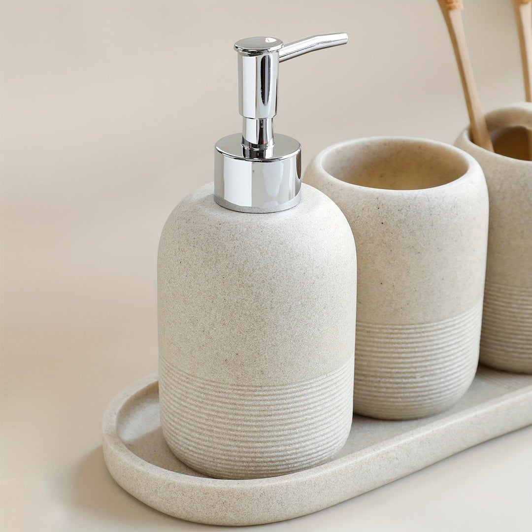 5-Delige Moderne Badkamer Accessoireset | Luxe Organizer met Dispenser, Bekers & Zeepbakje
