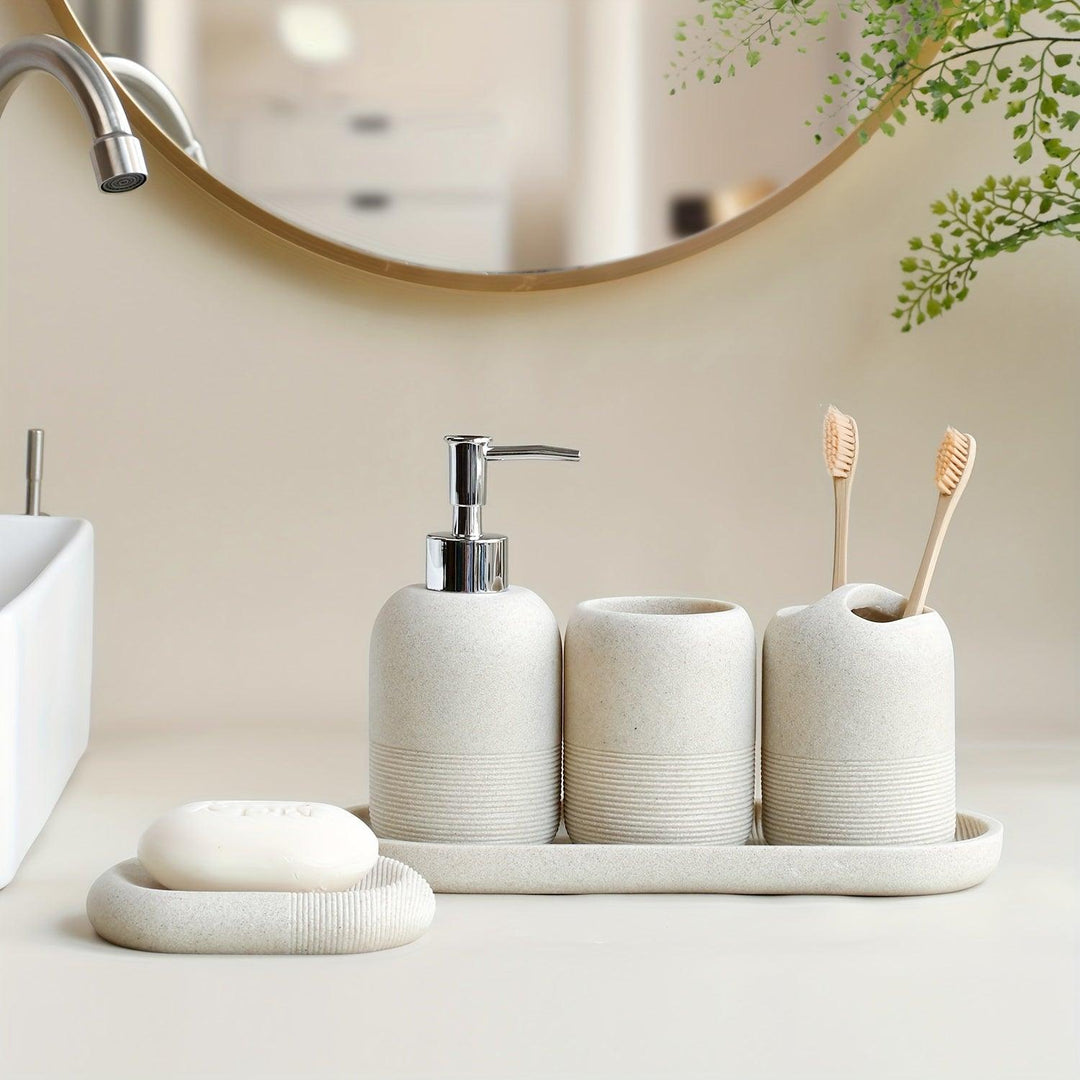 5-Delige Moderne Badkamer Accessoireset | Luxe Organizer met Dispenser, Bekers & Zeepbakje