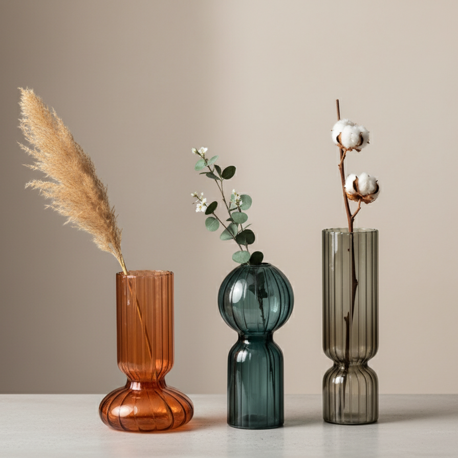 Stijlvolle Geribbelde Glazen Vaas | Hydroponic & Decoratie Vaas | 3 Unieke Varianten