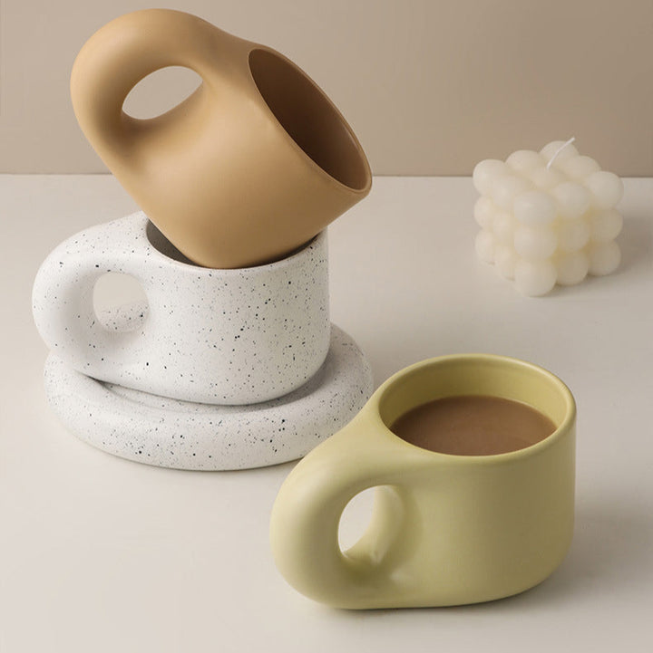 Japandi Handgemaakt Porseleinen Set | Minimalistisch Geometrisch Design | Beker & Schotel