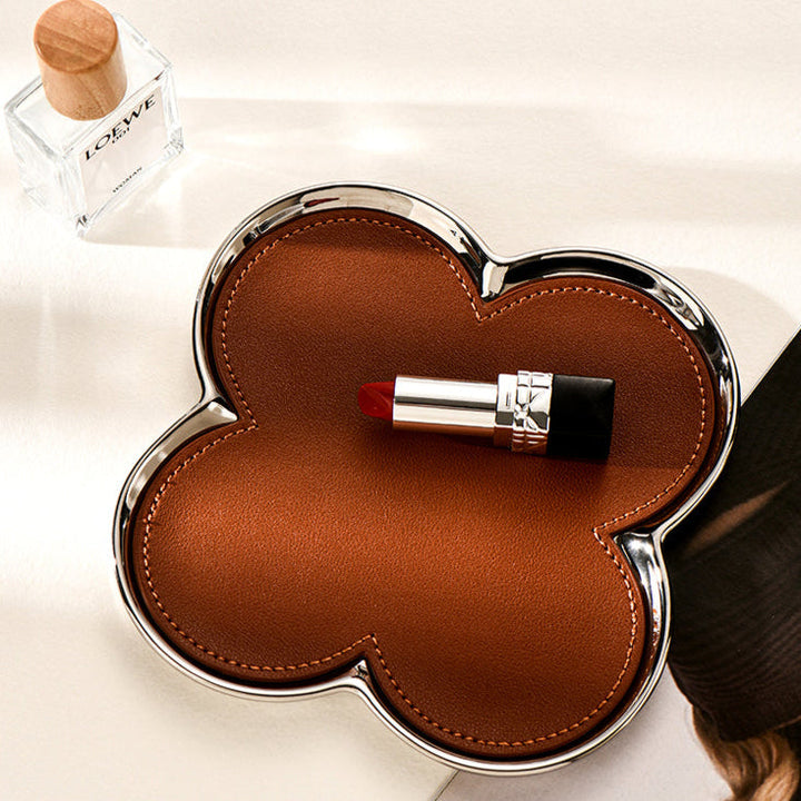 Giovanni Clover Tray | Handgemaakt Cognac Leren Sieradenschaal | Goud/Zilver Accent