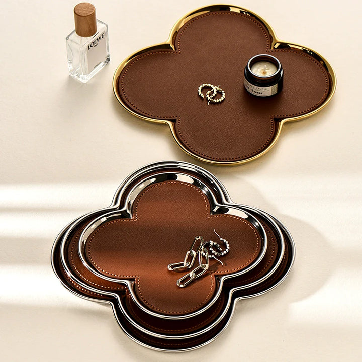 Giovanni Clover Tray | Handgemaakt Cognac Leren Sieradenschaal | Goud/Zilver Accent