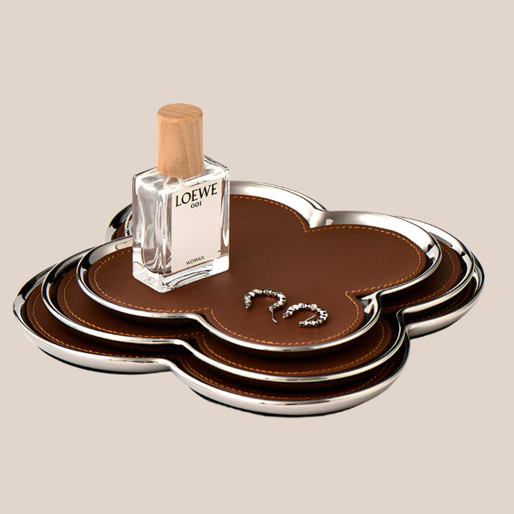 Giovanni Clover Tray | Handgemaakt Cognac Leren Sieradenschaal | Goud/Zilver Accent