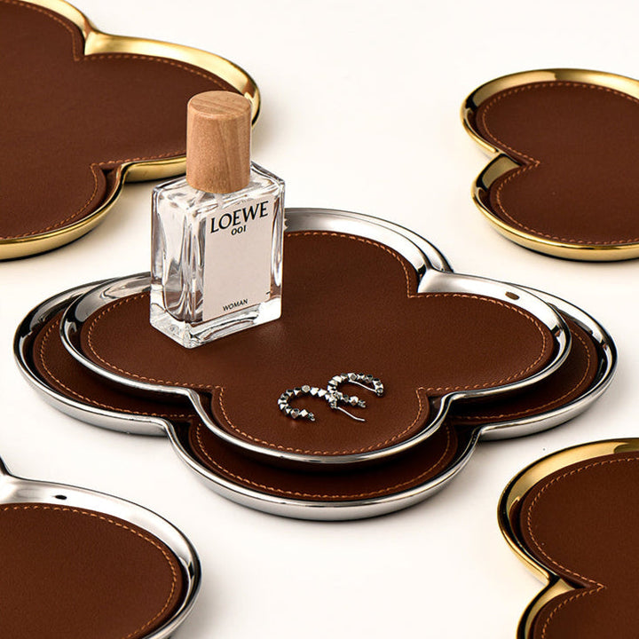Giovanni Clover Tray | Handgemaakt Cognac Leren Sieradenschaal | Goud/Zilver Accent