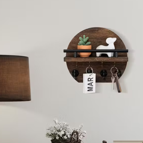Ronde Houten Sleutelhouder met Plank | Wandorganizer met 8 Haken