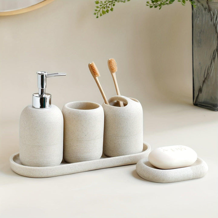 5-Delige Moderne Badkamer Accessoireset | Luxe Organizer met Dispenser, Bekers & Zeepbakje
