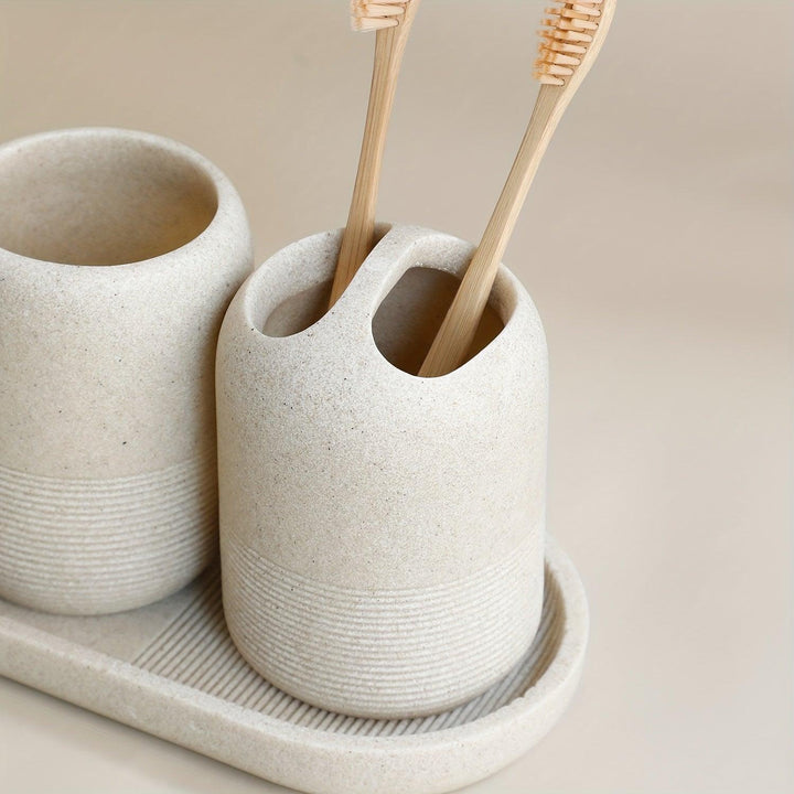 5-Delige Moderne Badkamer Accessoireset | Luxe Organizer met Dispenser, Bekers & Zeepbakje